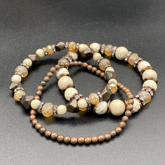 3pc Elegant Beaded Bracelet Set in Cream, Brown and Gold Tones - Picture 7 of 8